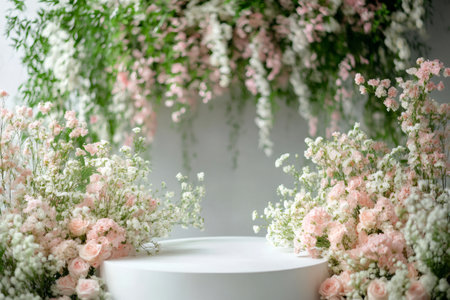 White podium decorated with pink and white flowers hanging for cosmetic product presentationの素材