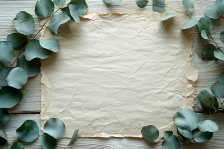 Eucalyptus leaves creating a natural frame around crumpled paper on a rustic wooden table, providing a serene and organic backdropの素材