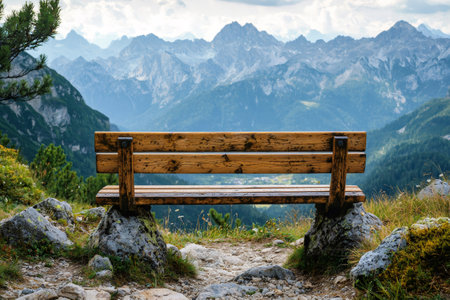 Wooden bench offering a stunning panoramic view of the Alps inspiring peace and tranquilityの素材