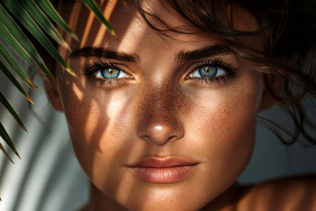 Close up portrait of a beautiful model with clear skin, freckles and blue eyes, posing under the shadow of palm tree leavesの素材