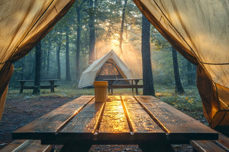 Golden light filtering through trees at dawn illuminates the campsite with tents and wet picnic tablesの素材