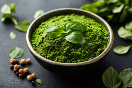 Green superfood powder made from dried basil leaves is displayed in a bowl, promoting healthy eating and natural ingredientsの素材