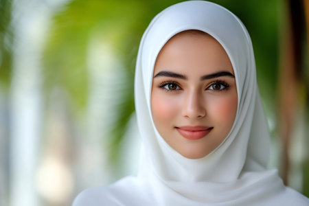 Portrait of a young Muslim woman wearing white hijab smiling in a natural background, showcasing her beauty and cultural identityの素材
