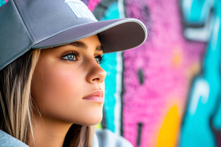 Portrait of a cool teenager girl wearing a gray baseball cap and looking away against a colorful graffiti wallの素材
