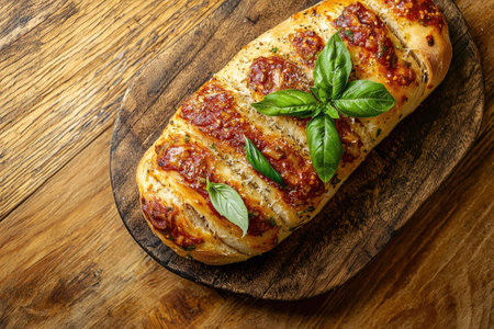 Freshly baked cheesy pull apart bread with tomato sauce and basil leaves, creating a mouthwatering culinary delightの素材