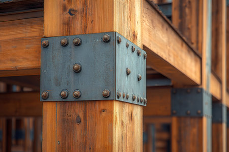 Close up of a metal joint connecting wooden beams, showcasing modern timber framing techniques in constructionの素材