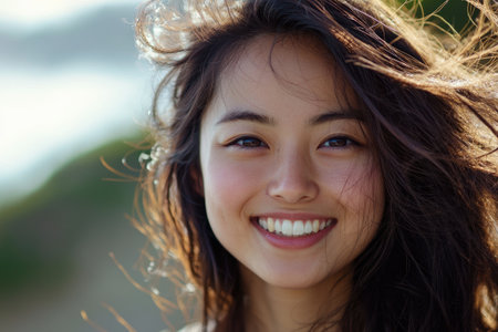Portrait of a beautiful smiling young Asian woman with long brown hair blowing in the windの素材