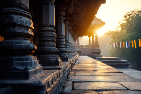 Sunlight streaming through historic temple columns at dawnの素材