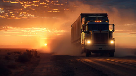 Semi truck transporting goods on a remote desert road at sunset, creating a cloud of dustの素材