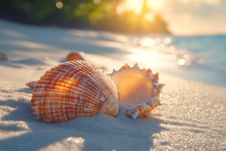Two seashells lying on the beach at sunset, creating a tranquil and beautiful sceneの素材