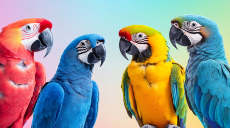 Four macaws with scarlet, blue, and gold feathers are posing together on a colorful gradient backgroundの素材