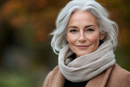 Portrait of attractive smiling senior woman with gray hair wearing scarf outdoors in autumnの素材