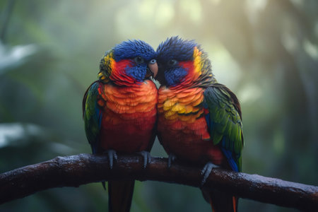 Two colorful rainbow lorikeets perched on a branch are nuzzling each other, showcasing their vibrant plumageの素材
