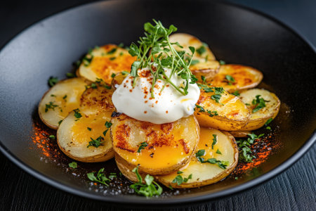 Slices of roasted potatoes topped with poached egg, yogurt, paprika and herbs served on a black plateの素材