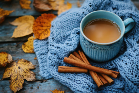 Cozy autumn scene featuring a blue mug filled with a warm beverage, cinnamon sticks, and a knitted sweater on a rustic wooden table adorned with fall leavesの素材