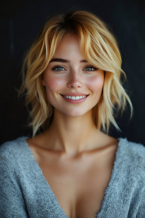 Portrait of a cheerful young blonde woman with freckles wearing a gray sweater, exuding happiness and confidence against a dark backdropの素材