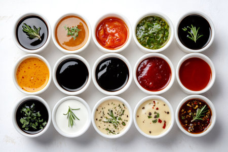 Various dipping sauces in white bowls garnished with fresh herbs and spices on a white backgroundの素材