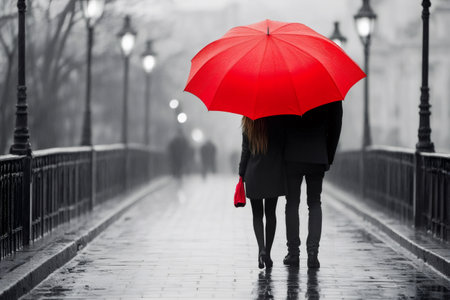 Couple walking away under red umbrella on rainy cobblestone streetの素材