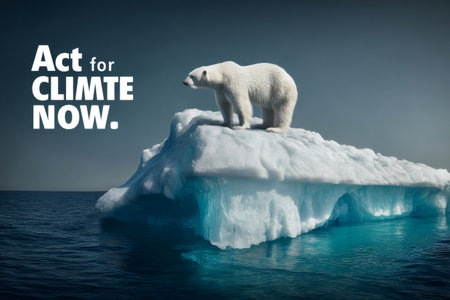 Polar bear standing on a melting iceberg, symbolizing the urgent need for climate actionの素材