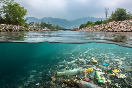 Split level view of polluted river reveals plastic garbage covering riverbed, highlighting environmental damageの素材