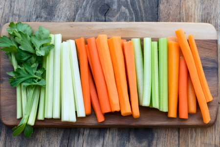 Freshly cut celery and carrot sticks arranged on a wooden cutting board, promoting healthy eating habitsの素材
