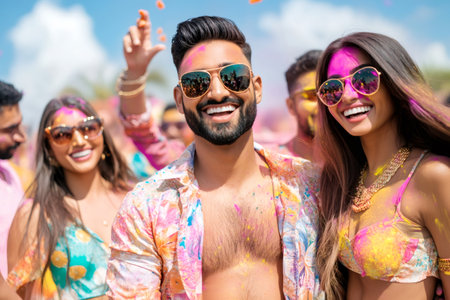 Young people celebrating holi festival, covered in colored powder, having fun togetherの素材