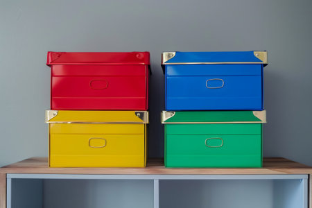 Four colorful metal storage boxes are neatly arranged on a shelf, ready to organize toys and games in a vibrant playroomの素材