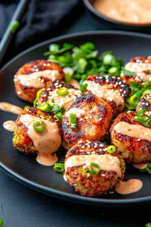 Close up of crispy fried chicken and broccoli bites with spicy mayo and sesame seeds, served on a black plate as an appetizer or snackの素材