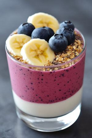 Glass with layered blueberry smoothie, yogurt, banana slices, and granola topping, offering a healthy and delicious breakfast or snack optionの素材