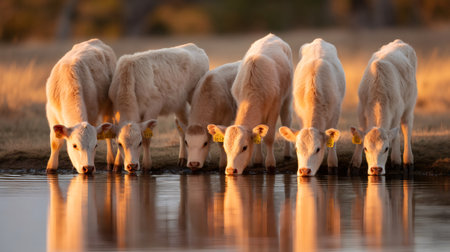 Six Charolais calves drinking together in a pond at sunset, creating a beautiful reflectionの素材