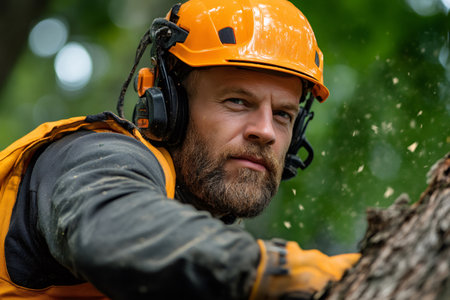 Lumberjack with beard and protective gear cutting wood with sawdust flying aroundの素材
