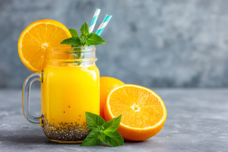 Orange juice with chia seeds and mint refreshing summer drink on a gray backgroundの素材