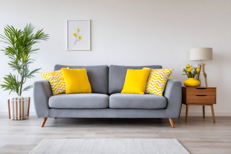 Gray sofa with vibrant yellow cushions creating a stylish and relaxing atmosphere in a modern living roomの素材