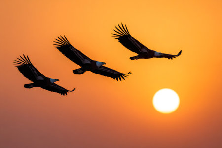 Three eagles are flying in formation against a vibrant sunset, their silhouettes creating a majestic sceneの素材
