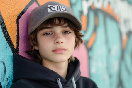 Portrait of a confident young boy wearing a baseball cap and hoodie, standing against a vibrant graffiti wallの素材