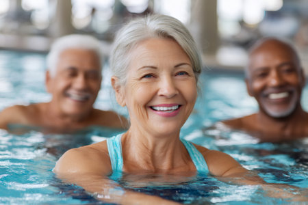 Happy senior woman smiling while enjoying a water aerobics class with friends, promoting healthy aging and active lifestylesの素材