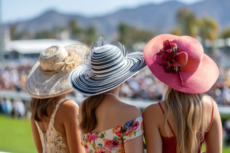 Women wearing summer hats enjoying a horse race at the del mar racetrackの素材