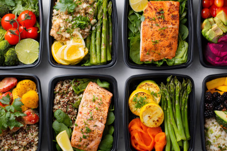 Different types of healthy meals inside black meal prep containers, including salmon, vegetables, and quinoaの素材
