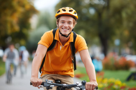 Young smiling student cycling in a city park wearing an orange t-shirt, beige pants, backpack and helmetの素材