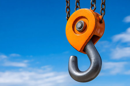 Lifting crane hook hanging from chains on blue sky background, industrial tool for heavy load liftingの素材