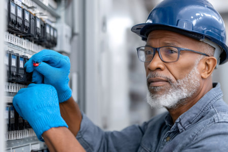 Senior electrician inspecting electrical cabinet wearing safety gloves and helmetの素材