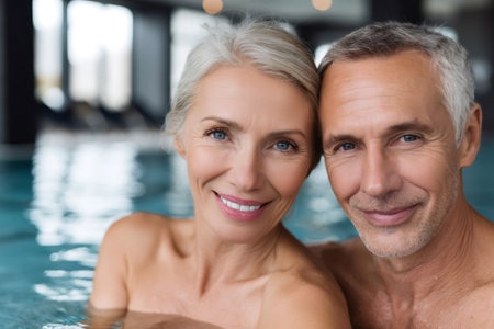 Relaxed senior couple enjoying time together in a thermal poolの素材