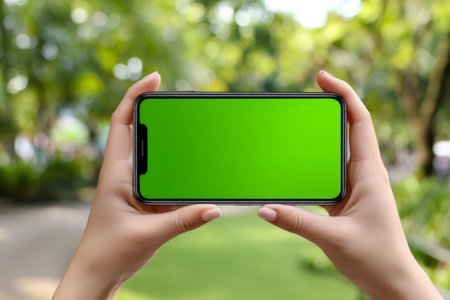 Woman is holding smartphone with green chroma key screen in a parkの素材