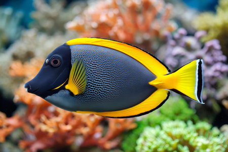 Colorful tropical fish gem tang or gemmatum tang is swimming in coral reef aquariumの素材