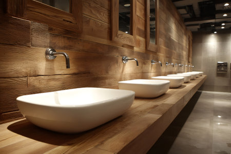Contemporary public bathroom featuring a row of sleek white washbasins and a warm, rustic wooden wall designの素材