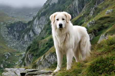 Majestic white shepherd dog standing on a mountain ridge, enjoying the cloudy viewの素材