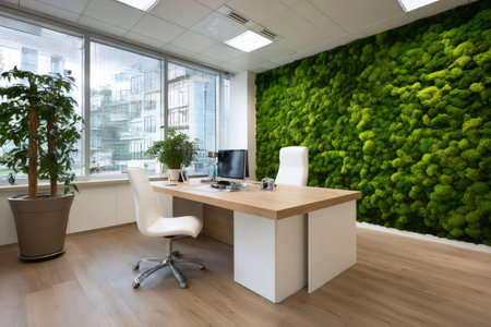 Bright, modern office with large windows and a striking green wall creating a calming and productive work environmentの素材