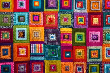 Close up of a vibrant handmade blanket showcasing numerous colorful knitted squares, each with unique patterns and texturesの素材