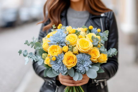 Stylish woman holding a bouquet of yellow roses and blue chrysanthemums decorated with eucalyptus leavesの素材