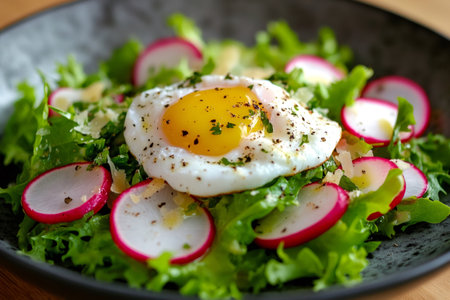 Nutritious green salad topped with fried egg, parmesan cheese, radishes and spices in a black bowlの素材